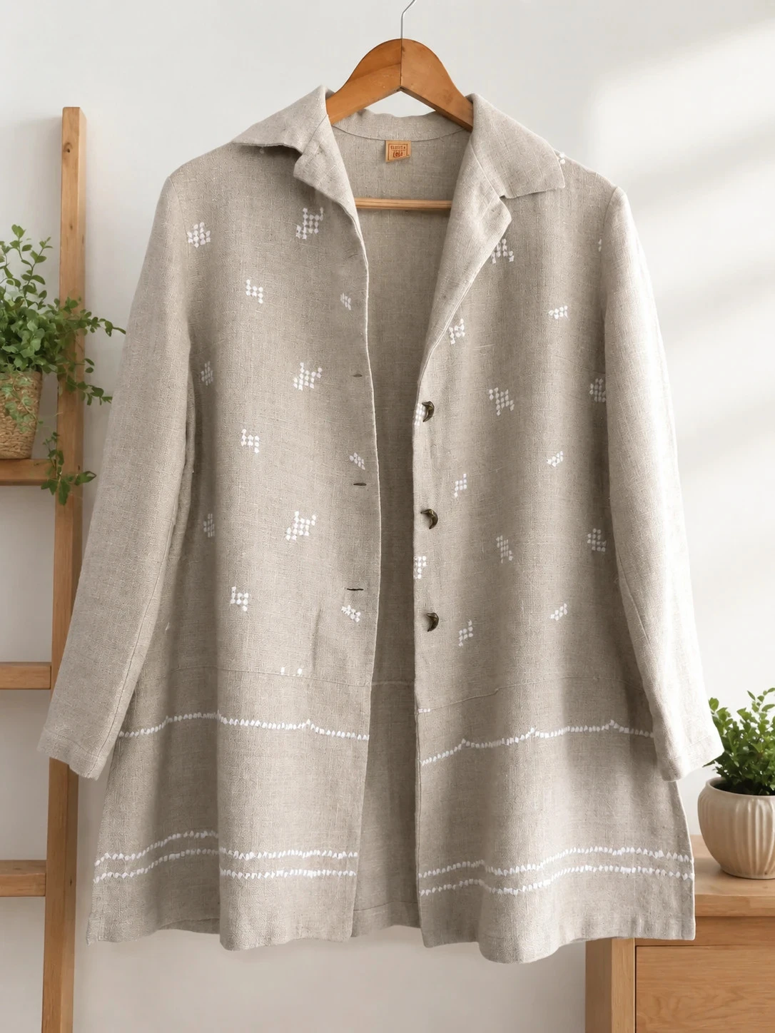Veste longue en lin brodé Indies – 100 % lin – Beige naturel – Taille 42/44